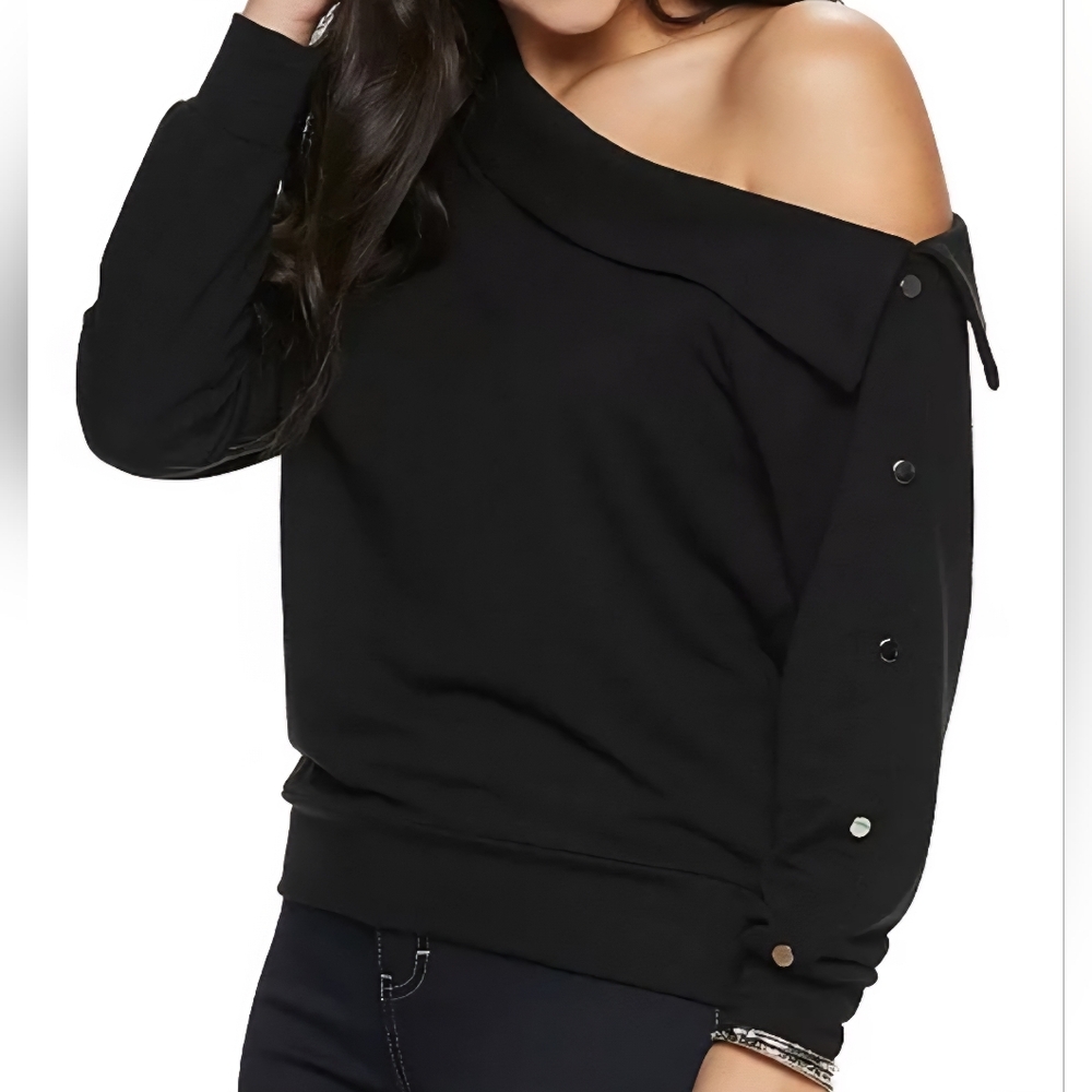 Jennifer Lopez | Off Shoulder Snap Sweatshirt XLarge, Black